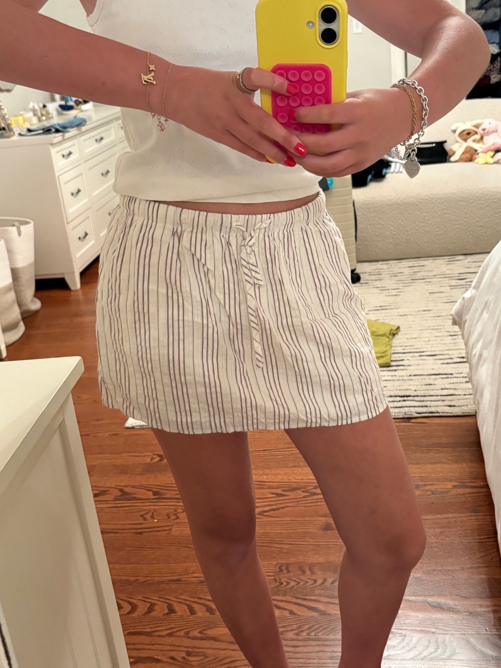 Princess Polly White linen Mini Skirt with brownish red Pinstripes